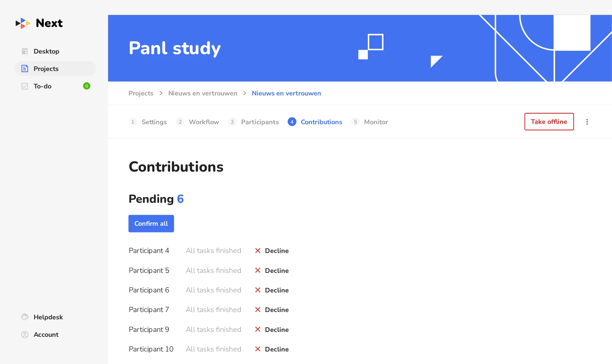 Contributions: pending contributions with Confirm all and Decline