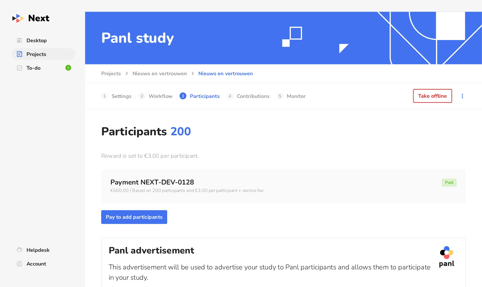 The Next platform: the Participants tab of a Panl study, with the payment and the Panl advertisement
