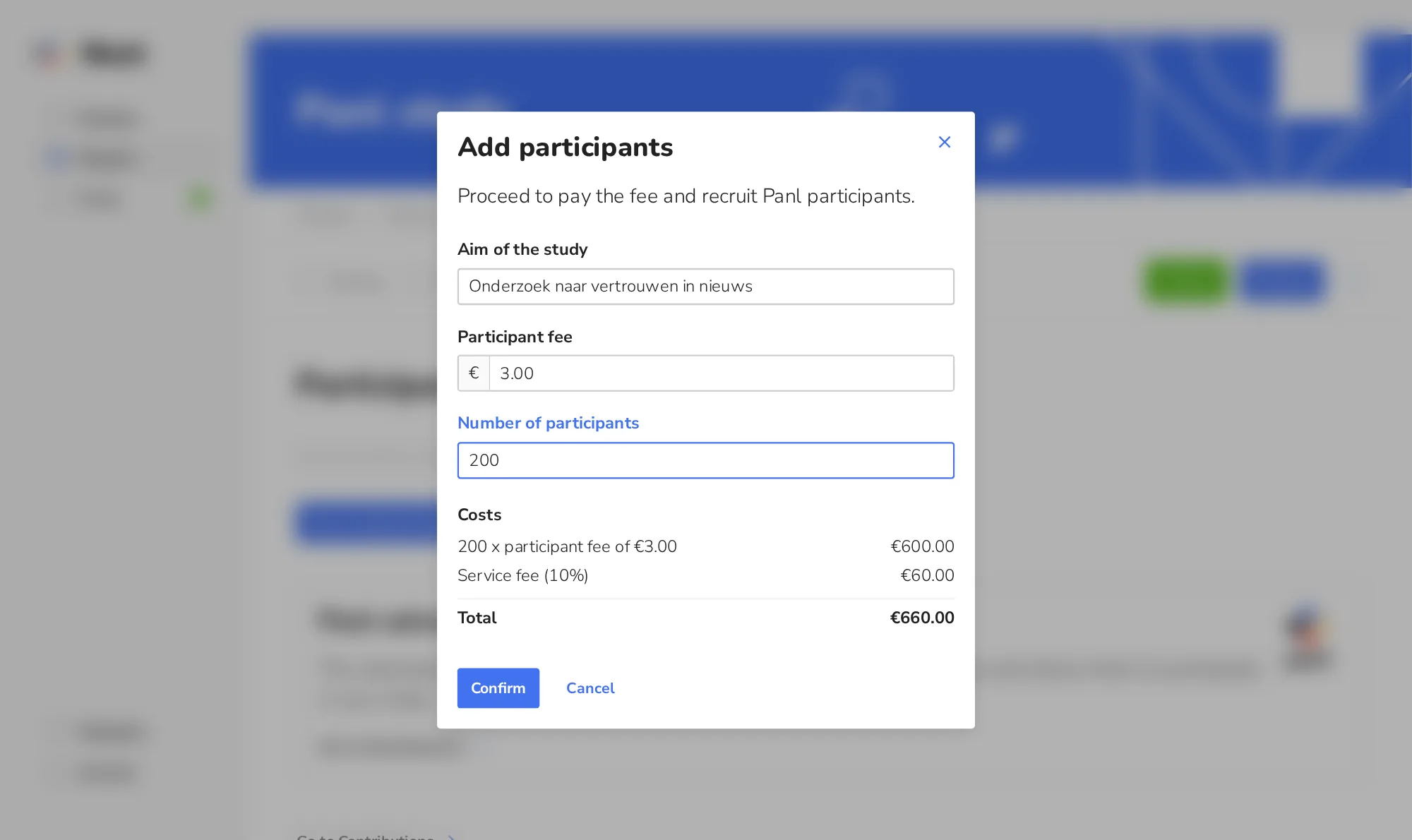 Add participants: number of participants, participant fee, service fee and total