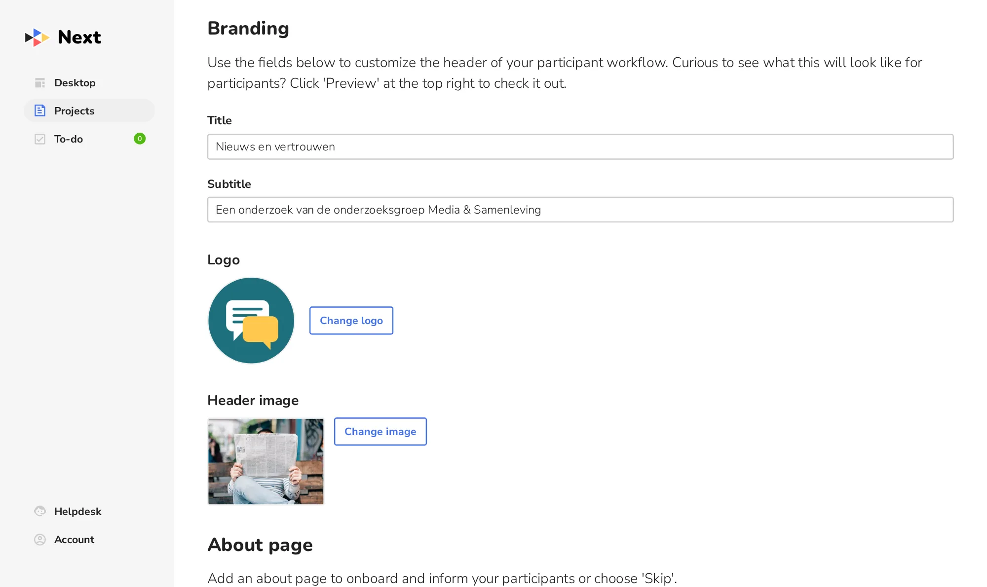 Settings: title, subtitle, logo and header image