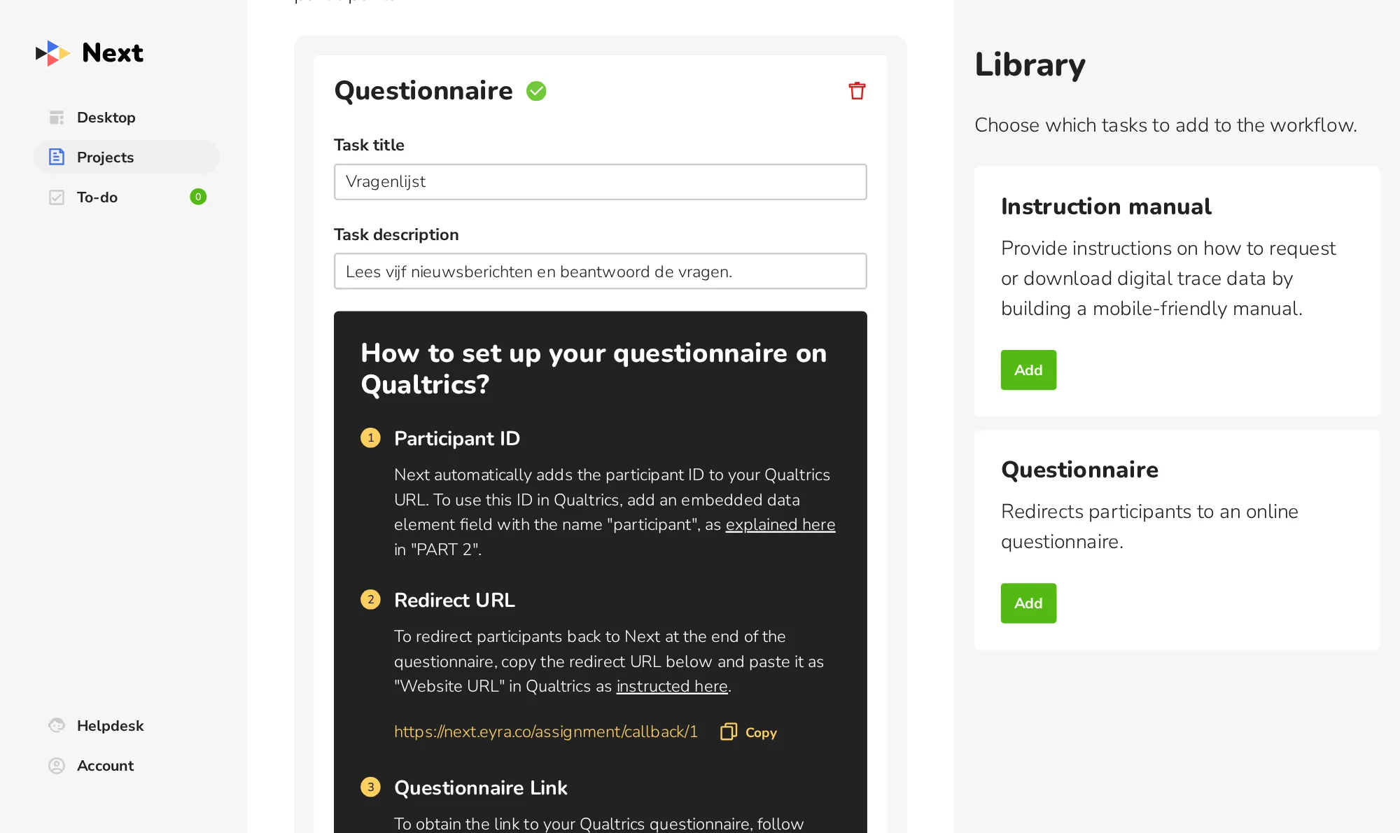 The questionnaire task, with instructions for Qualtrics and the redirect URL
