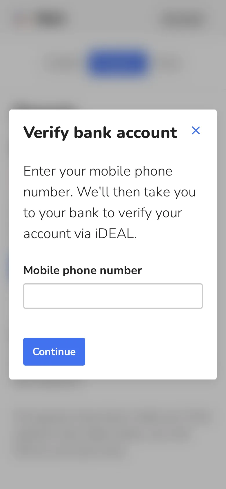 Verify bank account: enter your mobile number, then verify with iDEAL