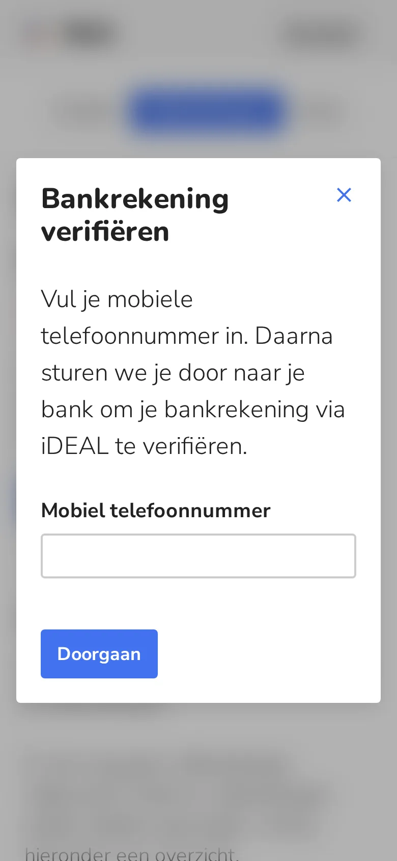 Bankrekening verifiëren: vul je mobiele nummer in, daarna verifieer je via iDEAL
