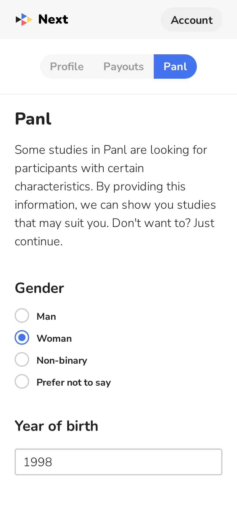 Your characteristics: gender and year of birth