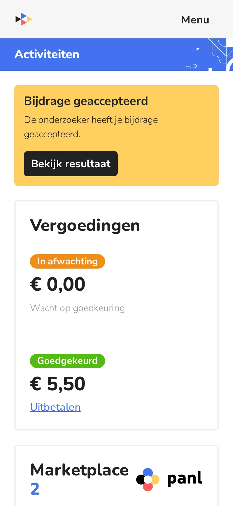 Je startpagina met je goedgekeurde vergoedingen