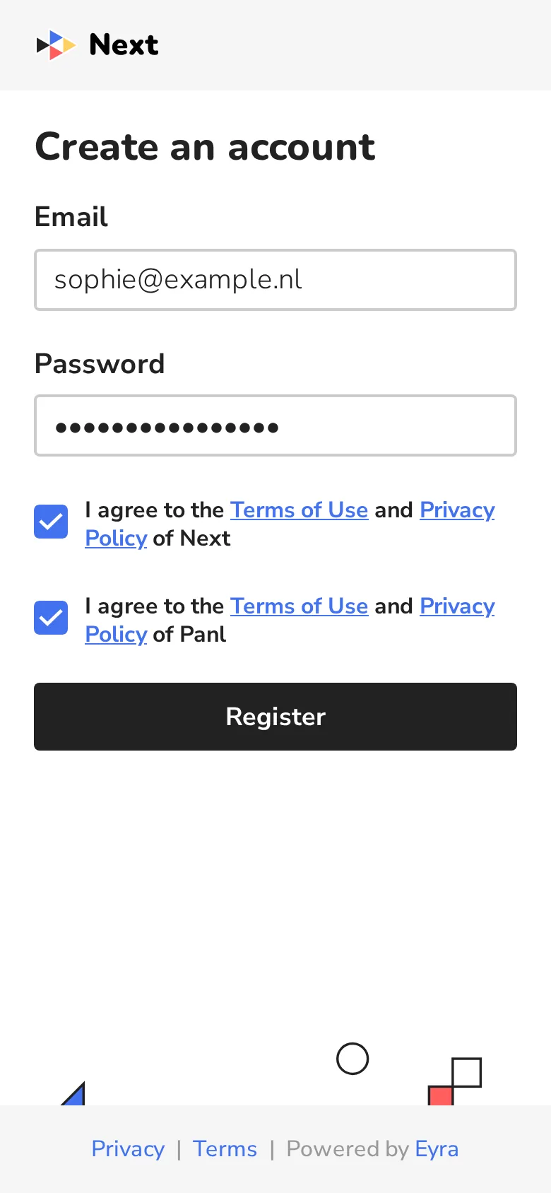 Creating an account with email, password and agreeing to the terms of Next and Panl