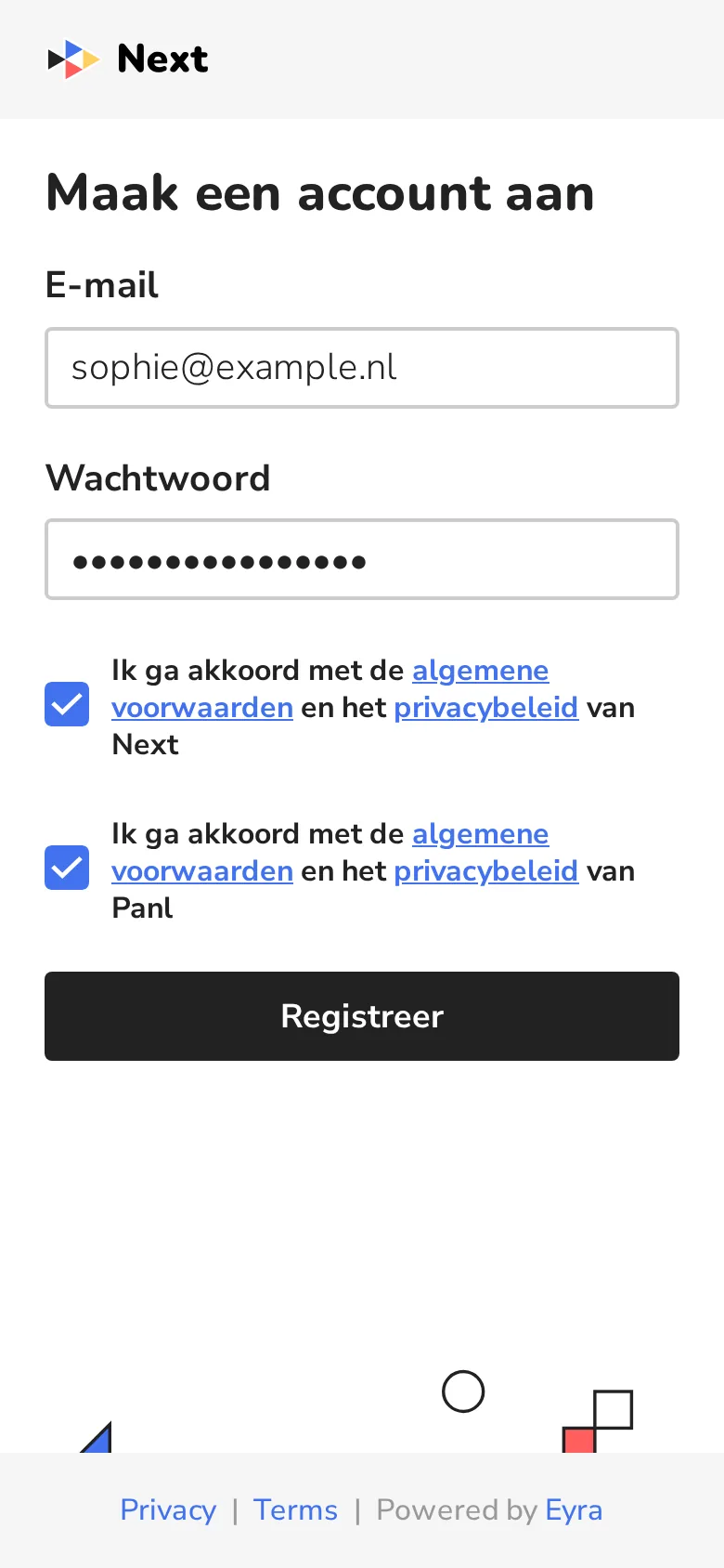 Een account aanmaken met e-mail, wachtwoord en akkoord met de voorwaarden van Next en Panl