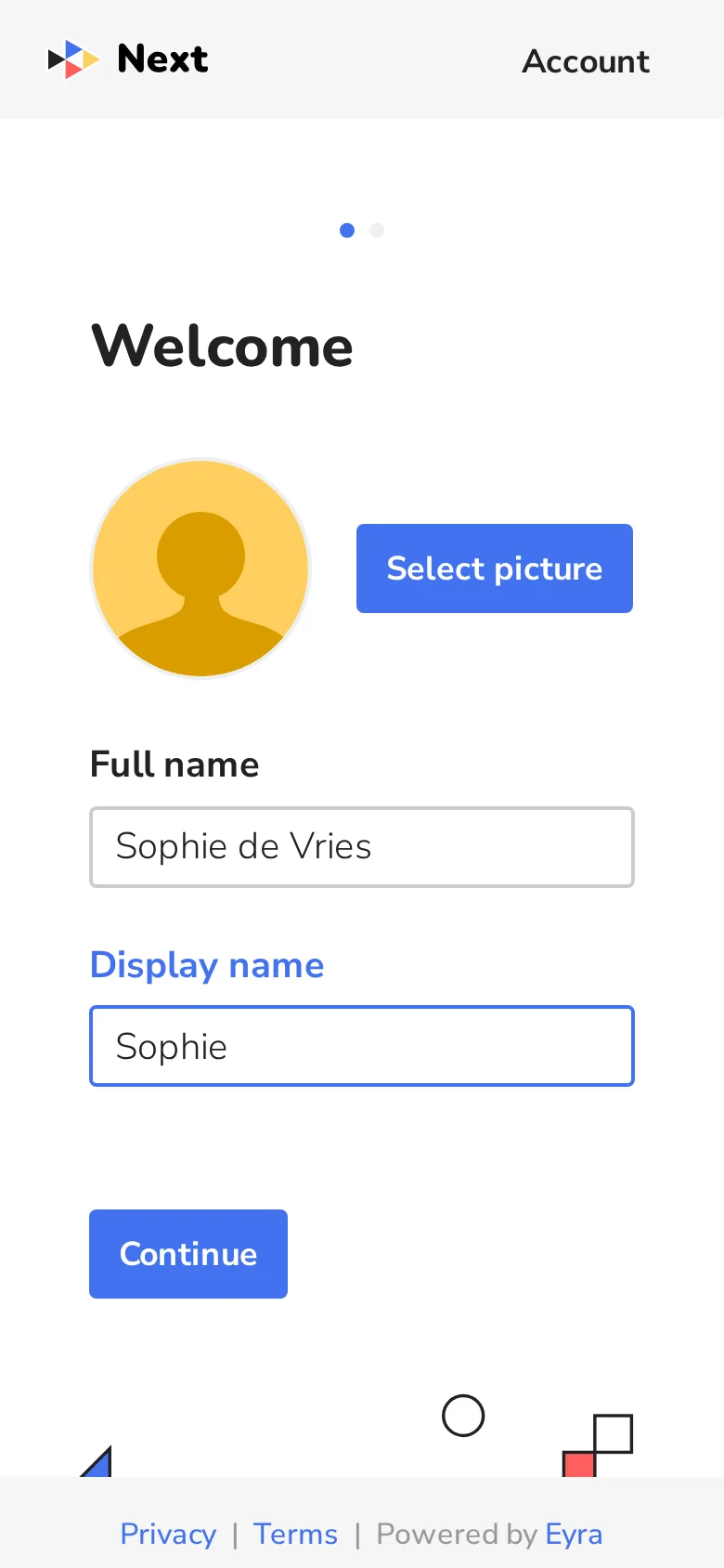 Welcome: fill in your name and display name