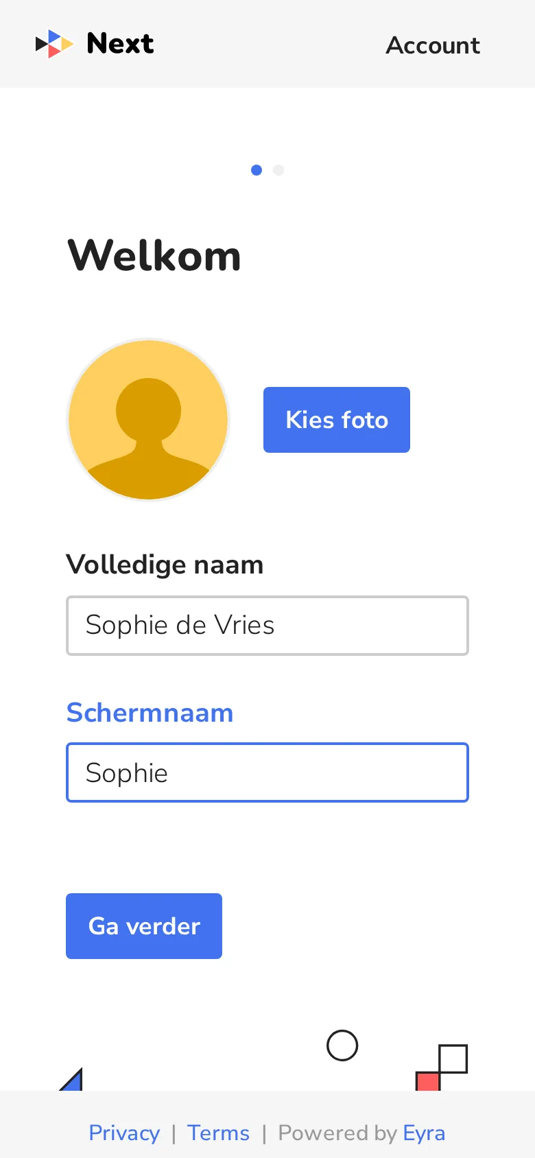 Welkom: je naam en schermnaam invullen