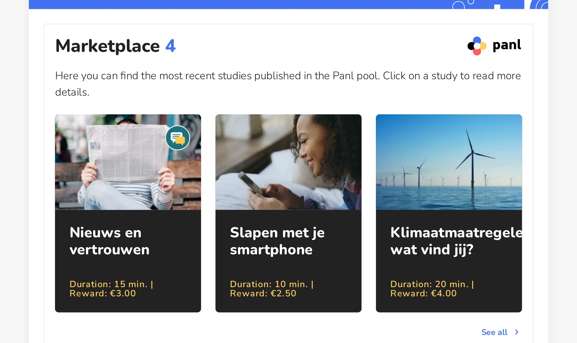 The Panl marketplace with available studies
