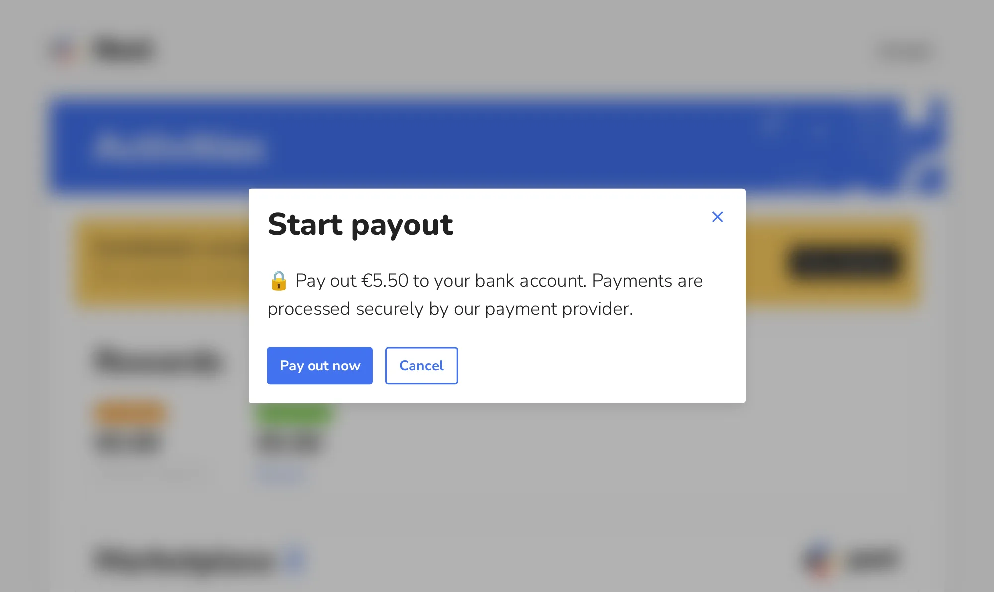 A participant starts a payout of their rewards to their bank account