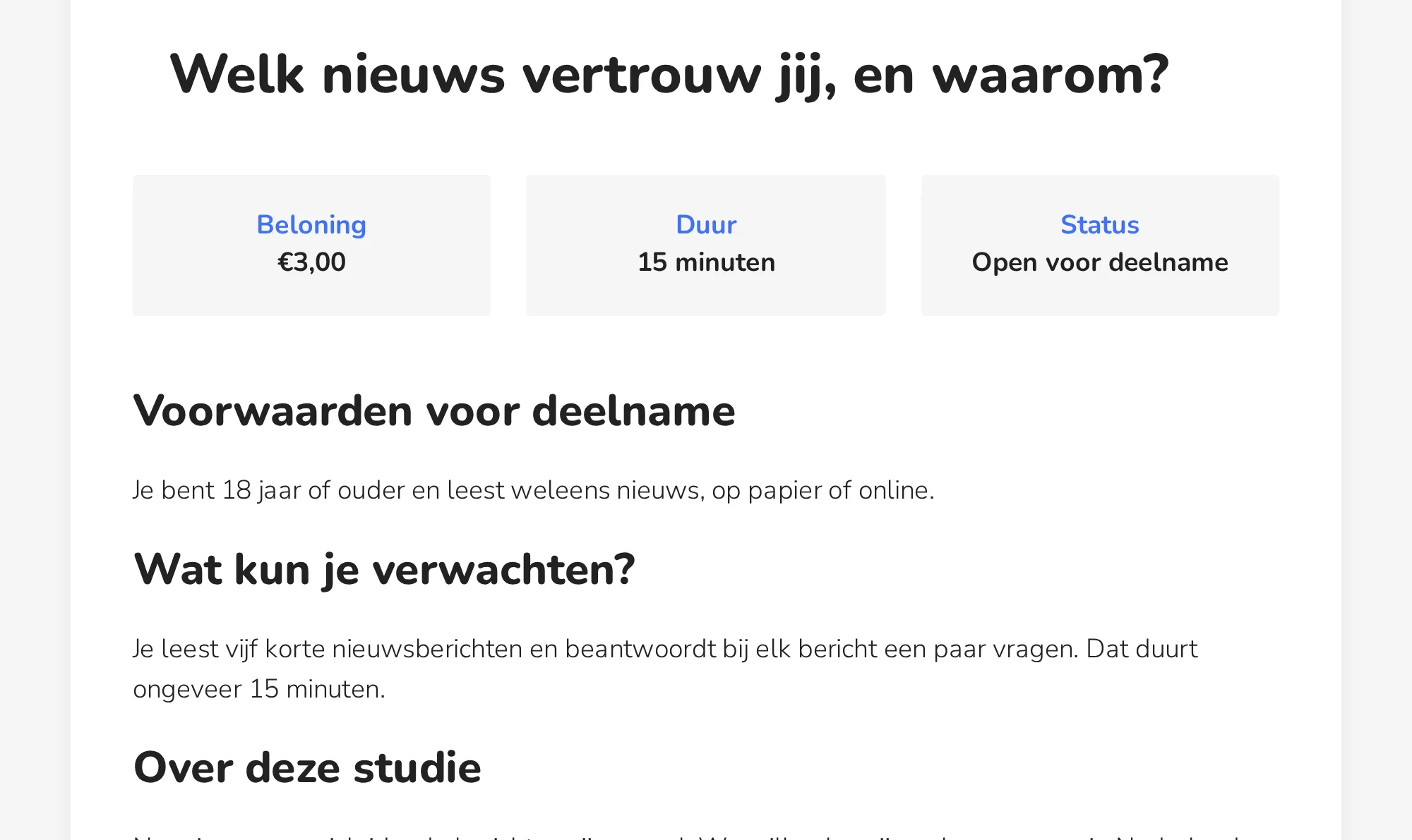 The advertisement of the study, with reward, duration and what to expect